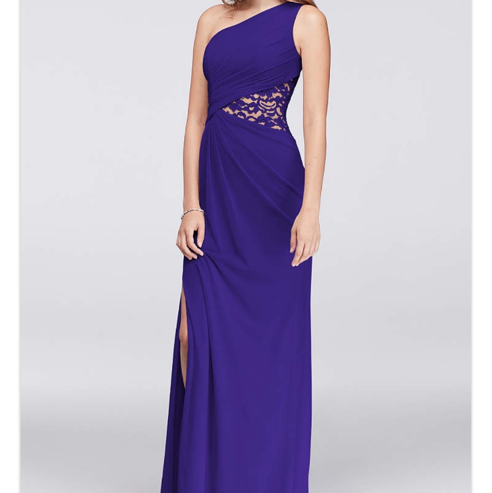 Davids Bridal One Shoulder Mesh Dress W/Lace Inset